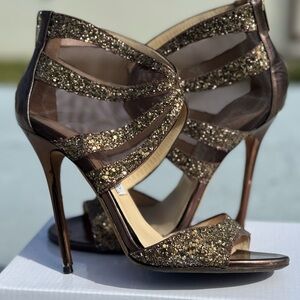 Jimmy Choo Leather Glitter Accent Stiletto Sandals